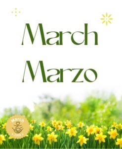 A green bed of yellow flowers with the words March and Marzo over them