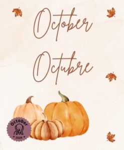 Three pumpkins piled together near the bottom and four leaves floating around the words October and Octubre