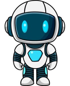 Rounded robot with dark blue face blue eyes and a pentagonal blue shape on its chest