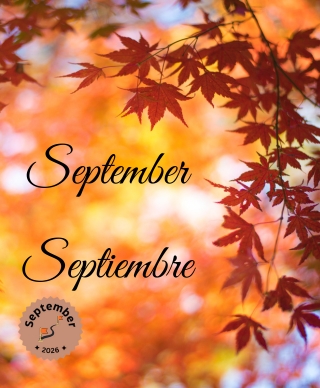 Various shades of orange leaves with the words September and Septiembre over them