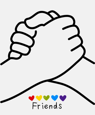Outline of two hands grasping each other with the word Friends below and rainbow of hearts between them