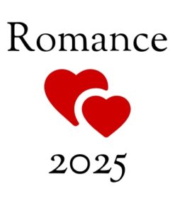 Two red drawn non-literal hearts that overlap between the words Romance and 2025