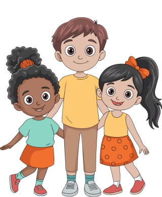 Drawing of three children of differing skin tones and heights with their arms around each other