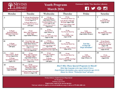 Screencap of March 2026 Youth Programs Calendar