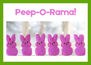 Six pink Peeps lined up with the words Peep-O-Rama above them