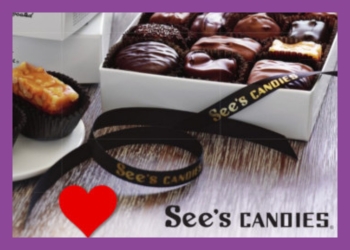 A chocolate and caramel candy on a plate on the left with a box of various chocolate candies to its right and below both a red heart and the words See's Candies