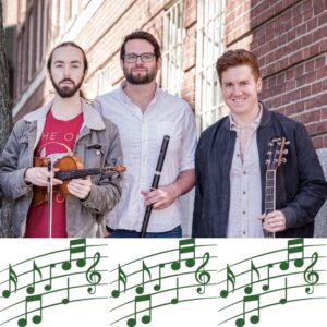 Three light skinned young men two with beards standing together with irish instruments