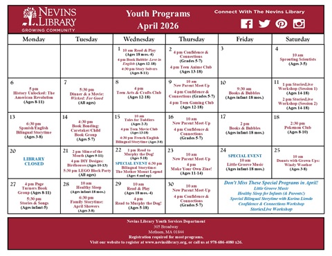 Screencap of April 2026 Youth Programs Calendar