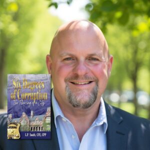 Bald light skinned man next to the book Six Degrees of Corruption