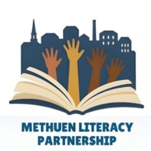 Open book with diverse hands raised out of it with a blue cityscape behind them