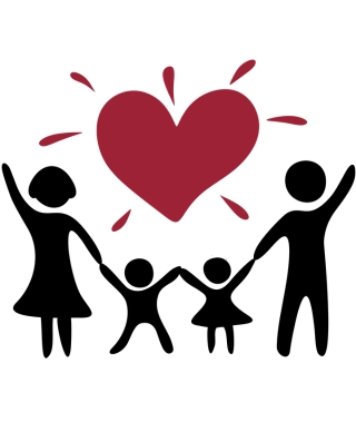 The shadow outline of a mother and father each holding the hand of a child with a big heart above them all