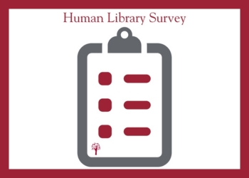 Grey and Red Outline of a clipboard with the words Human Library Survey above