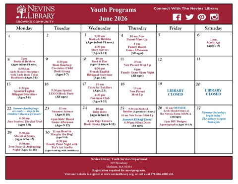 Screencap of June 2026 Youth Programs Calendar