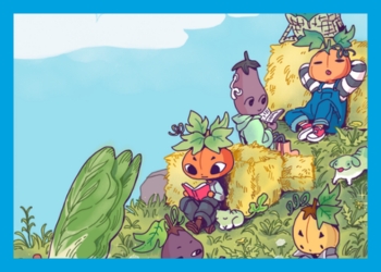 Various anthropomorphized vegetables with eyes and other facial features reading on a hill