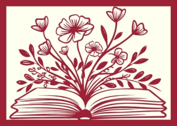 A red book with flowers growing out of them