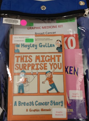 Blue bag with a clear front which a list of books and a colorful book cover in the Breast Cancer title of the kit shows through