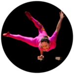 Chinese Acrobats 315 Acrobat in pink leotard hanging in the air on a black background