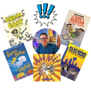 Smiling light skinned man in blue collared shirt with blue glasses with books around him