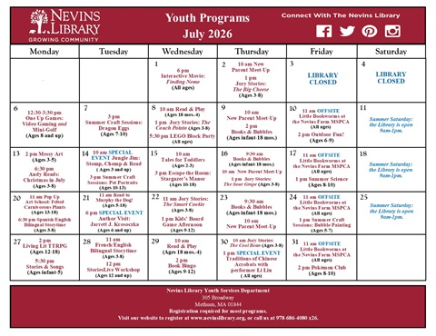 Screencap of July 2026 Youth Programs Calendar
