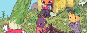 Various anthropomorphized vegetables with eyes and other facial features reading on a hill