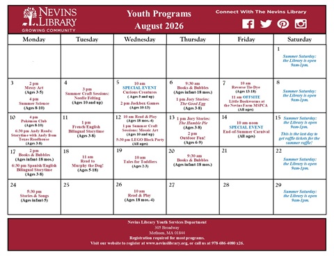 Screencap of August 2026 Youth Programs Calendar