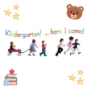 Kids walking in a line in the middle of the image, with a bear in the upper right corner and books with an apple in the lower left corner