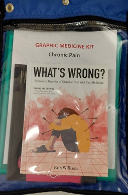 Blue bag with a clear front which a list of books in the Chronic Pain kit shows through