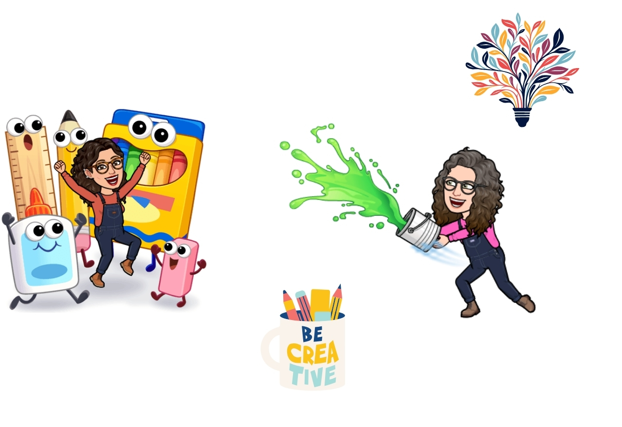 Picture of flower bouquet and woman throwing paint at it, and another woman dancing through large crayon box and pencils with googly eyes on them