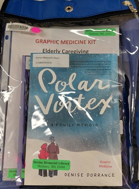 Blue bag with a clear front which a list of books in the Elderly Caregiving kit shows through