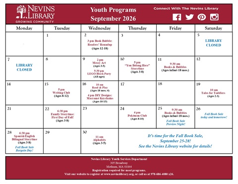 Screencap of August 2026 Youth Programs Calendar