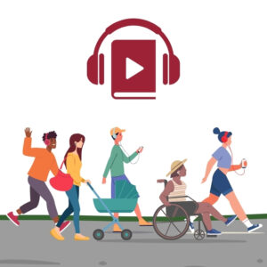 People walking and a woman in a wheelchair while listening to something on headphones