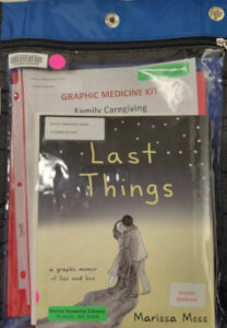 Family Caregiving Blue kit bag with book Last Things by Marissa Moss showing through front