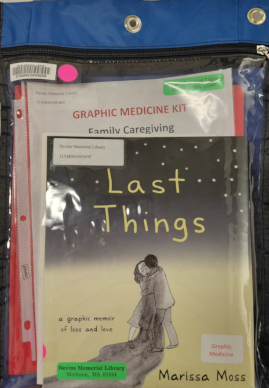 Family Caregiving Blue kit bag with book Last Things by Marissa Moss showing through front