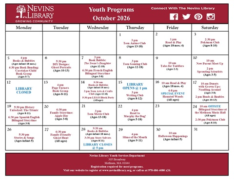 Screencap of October 2026 Youth Programs Calendar