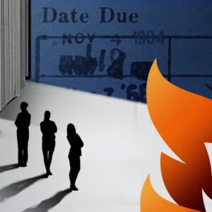 Three shadow figures standing together and a picture of fire and a blue due date card